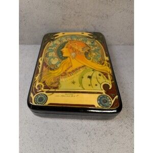 Hand-painted Russian lacquer box featuring Alphonse Mucha’s iconic “Zodiac”